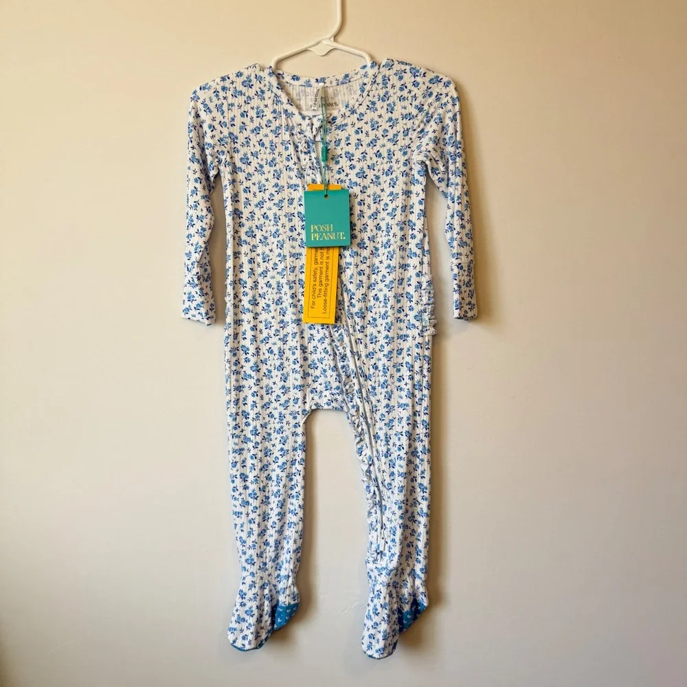 Posh Peanut Andina Blue Floral Ribbed Bamboo Footie Romper 18-24 Months NWT - Picture 3 of 11
